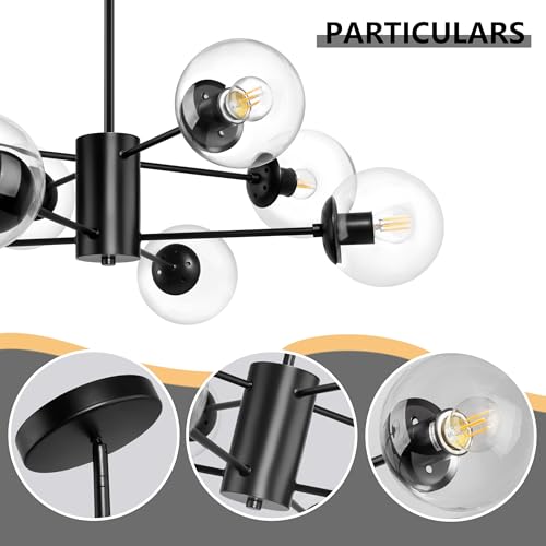 8 Light Globe Sputnik Chandelier Mid Century Sputnik Chandeliers Modern Black Chandelier with Clear Globe Pendant Light Clear Glass Adjustable Hanging Ceiling Light for Living Dining Room