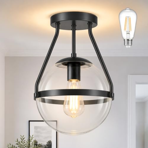 10" Mid Century Ceiling Light Modern Black Semi Flush Mount Ceiling Light with Clear Glass Shade Globe Semi Flush Mount Ceiling Light Fixture for Bedroom Hallway Bathroom Foyer