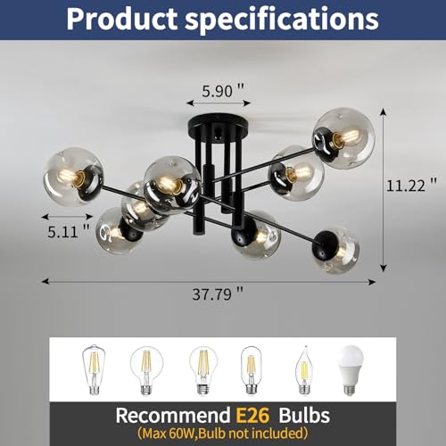 8 Light Sputnik Chandelier with Glass Globe Mid Century Modern Black Ceiling Light Fixture Large Flush Mount Chandelier for Dining Room Bedroom Living Room Kitchen