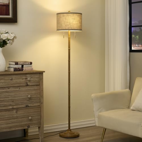 Upgraded 2 Light Mid Century Floor Lamp for Living Room (Walnut)
