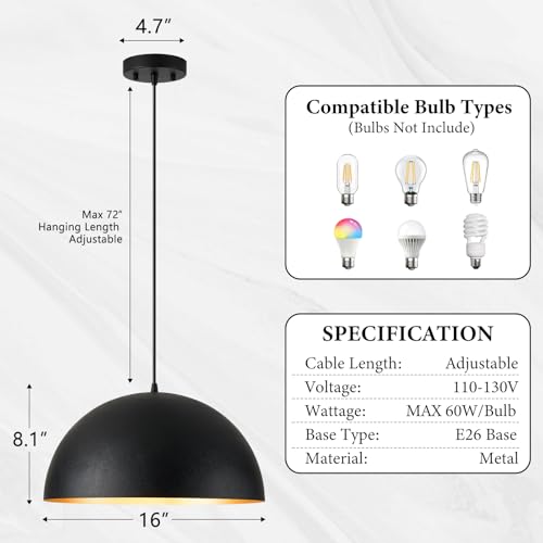 16" Dome Farmhouse Pendant Lights for Kitchen Island