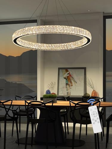 39.4in Large Ring Chandelier for Living Room Modern LED Black Crystal Chandelier for Dining Room Dimmable 2700K