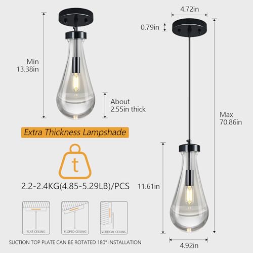 Raindrop Pendant Lights Kitchen Island Teardrop PlatingBlack Hanging Light Clear Solid Glass Pendant Light Modern Chandeliers for Dining Room Porch Corridor Living Room