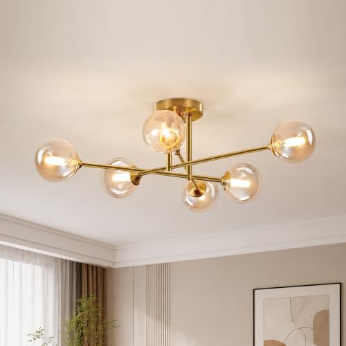 Mid Century Modern Gold Sputnik Flush Mount Ceiling Light Antique Brass Ceiling Lights 6 Light Amber Glass Chandelier Small Living Room Globe Ceiling Light