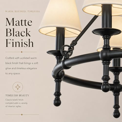 6 Lights W34in Vintage Matte Black Classic Lighting with White Pleated Fabric Chandeliers for Dining Room Mid Century Modern Large Round Ceiling Light for Classic Living Room