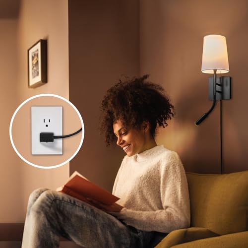 1-Light Plug-in or Hardwired Wall Sconce with LED Integrated Reading Light, USB-A Port, USB-C Port, Matte Black, White Fabric Shade, On-Off Pull Chain and Rocker Switch