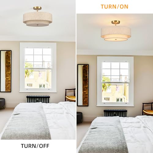 18" Semi Flush Mount Ceiling Light with Fabric Lampshade Modern Drum Ceiling Lamp Gold Ceiling Light Fixture for Dining Room Kitchen Bedroom Living Room