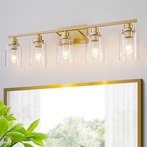 5 Light Gold Bathroom Light Fixtures Brushed Brass Vanity Light Over Mirror Modern Wall Lighting Sconces Wall Lamp for Bathroom (5 Count)
