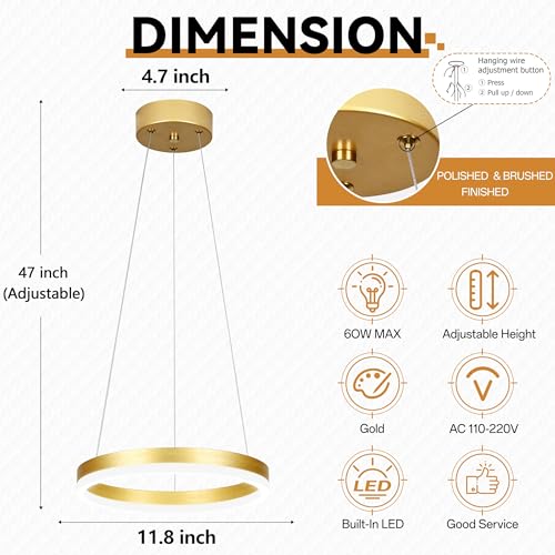 12" Gold Led Ring Chandelier Ring Modern Led Chandelier 3 Pack Modern Pendant Lights Led Pendant Lights Adjustable Height Light Contemporary Light Fixture for Kitchen Island Dining Room