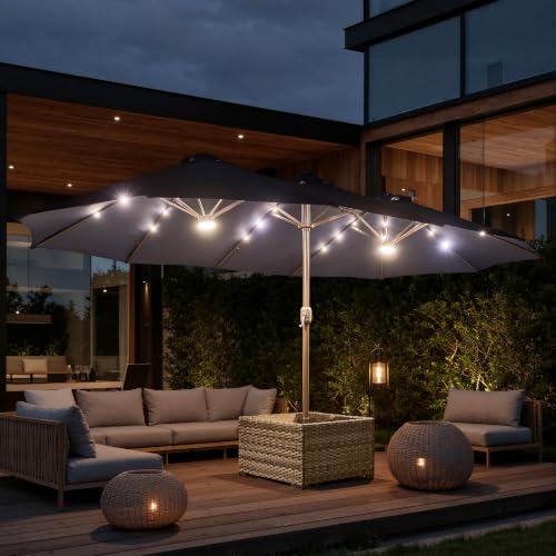 15FT Double Sided Rectangular Patio Umbrella with USB Rechargeable Warm LED Lights