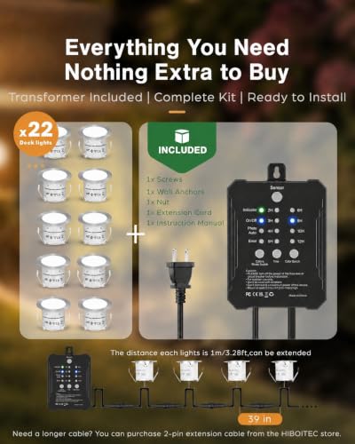 22 Packs Low Voltage Deck Lights Kit with Transformer Dimmable Timer and Photocell Sensor Outdoor Recessed LED Deck Lighting IP67 Waterproof 4000K for Garden Yard Stair Patio Floor Decoration (22 Count)
