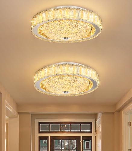 11.8" Modern Mini Crystal Chandelier Dimmable LED Flush Mount Ceiling Light with Remote Control for Bedroom Hallway Dining Room Silver