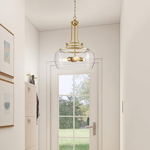 Chandelier Rustic Farmhouse Industrial Round Ceiling Pendant LED Light Fixture Clear Seeded Glass Shade for Dining Room Kitchen Island Foyer Entryway