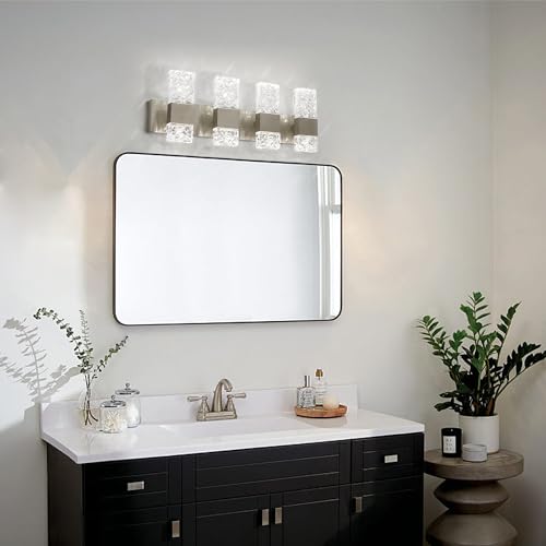Modern Bathroom Light fixtures Brushed Nickel Dimmable Vanity Lights for Bathroom Crystal LED Bathroom Lighting fixtures Over Mirror 4 Light 6000K