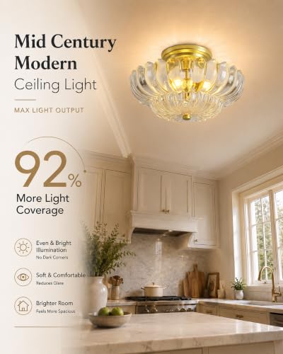 Semi Flush Mount Ceiling Light Fixture 11.8" Vinatge Gold Ceiling Lights Mid Century Modern Clear Glass Close to Ceiling Lighting Fixtures for Bedroom Hallway Foyer Bathroom Kitchen Entryway (3 Count)