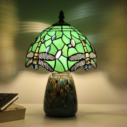 Tiffany Mushroom Table Lamp Dragonfly Style Green Stained Glass Accent Lamp Brown Blue Glass Base 8X8X12 Inch