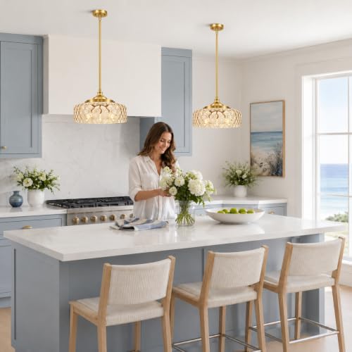 Gold 3 light Pendant Lights Kitchen Island with Hammered Glass over Sink