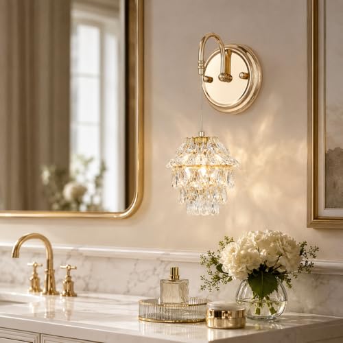 Small Indoor Hardwired Pinecone Crystal Brass Gold Wall Sconce Light