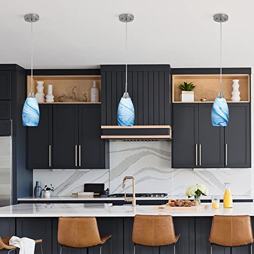 Mini Glass Pendant Light with Handblown Blue Marble Art Glass Shade Adjustable Cord Modern Oval Lamp Ceiling Pendant Light Fixture for Dining Room (3 Count)
