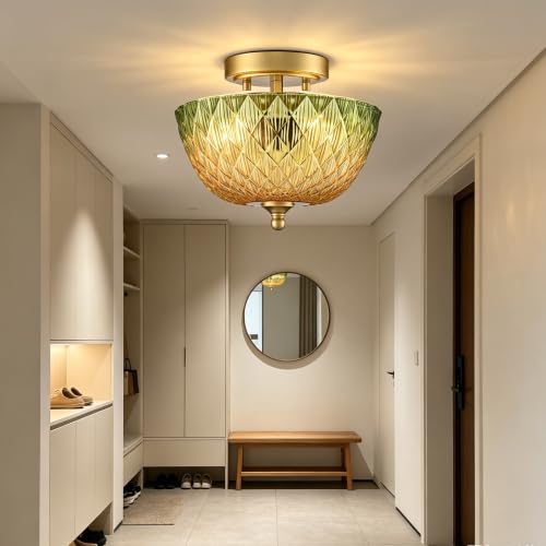 Semi Flush Mount Ceiling Light with Green & Amber Glass Shade