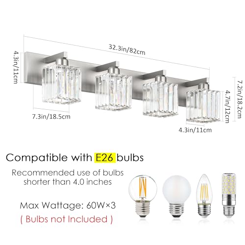 Brushed Nickel Bathroom Lighting Fixtures 4 Light Crystal Modern Bathroom Vanity Light