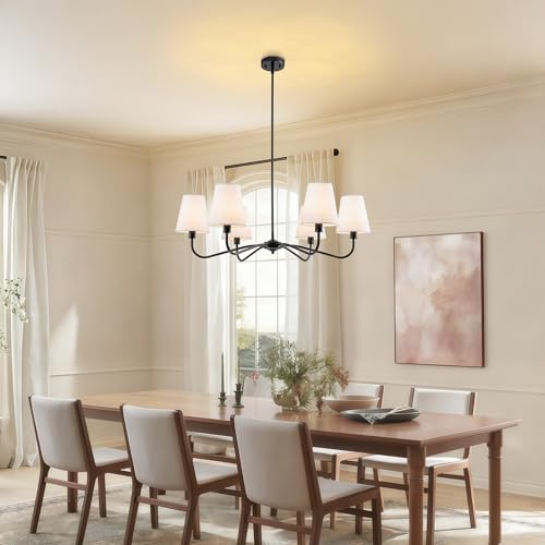 Black Farmhouse Chandeliers Over Table with White Fabric Shade