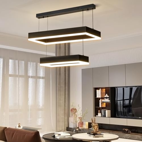Modern Chandeliers for Living Room, 2-Ring Rectangles Pendant Light Kitchen Island Fixtures, Dimmable LED Chandelier for Dining Room Bedrooms, Black (40CM/60CM)