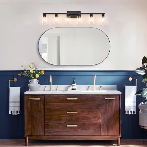 6 Light Bathroom Vanity Light Black Vanity Lights for Bathroom Light Fixtures Matte Black 6 Light Fixtures with Clear Glass Shades for Bath Over Mirror