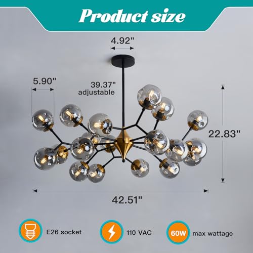 20 Light Extra Large Sputnik Chandelier Mid Century Modern Black and Gold Ceiling Light Fixture with Glass Globe Pendant Light Hanging for Dining Room Kitchen Living Room Foyer