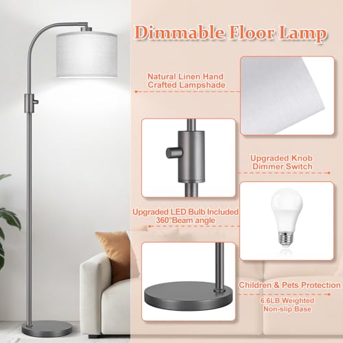 Upgraded Modern Arc Dimmable Tall Standing Floor Lamp with Gray Shade