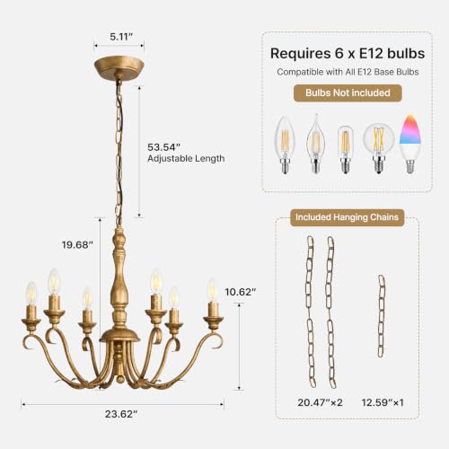 Farmhouse Vintage Antique Brass Chandelier (Distressed Gold)