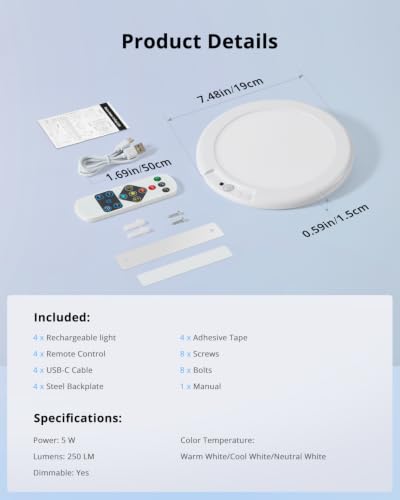 Rechargeable Ceiling Light with Remote Wireless Magnetic Mounting (4 Count)