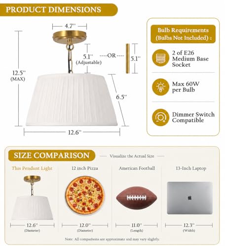 12.6”Dia White Pleated Drum Shade Semi Flush Mount Ceiling Light