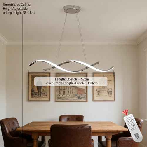 Dining Room Light Fixtures Over Table,Dimmable36 Chrome LED Light | Modern Wave LED Chandelier for Kitchen Island, Dimmable Pendant Light with Adjustable Hanging Wire and Premium Chrome Finish