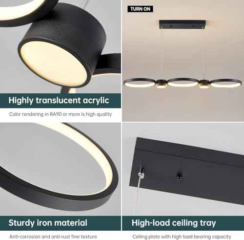 Modern LED Chandelier Light, 3000-6500K Dimmable Modern Pendant Light Fixture with Remote Control, Height-Adjustable Island Light Ceiling Hanging for Dining Room Kitchen (Black, 3Ring- 36IN)