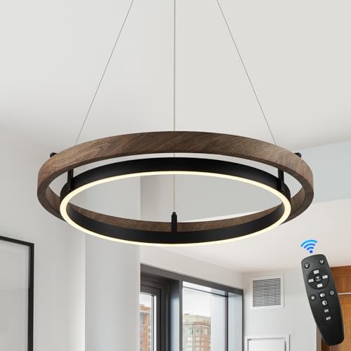 LED Ring Chandelier Modern Round Pendant Light Walnut Wood Black Dimmable