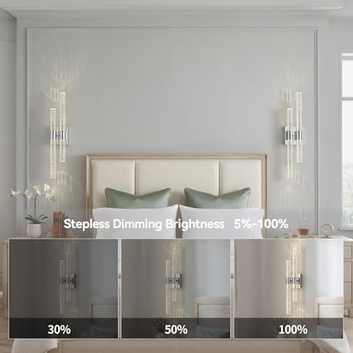 Crystal Wall Sconces Set of Two Chrome Wall Sconce Hardwired LED Bathroom Vanity Light Fixtures 21.25in 4000K Vertical and Horizontal Wall Mounted Sconces for Bedroom (2 Count)
