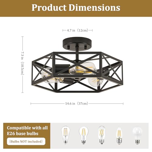 Modern Farmhouse Black Metal Semi Flush Mount Ceiling Light Fixture 14.6 in
