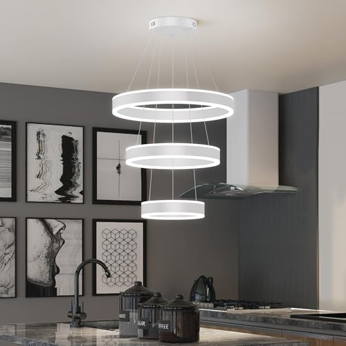 Modern LED Chandeliers Adjustable Hanging White Pendant Light Fixture 3 Ring Flush Mount Chandeliers for Bedroom