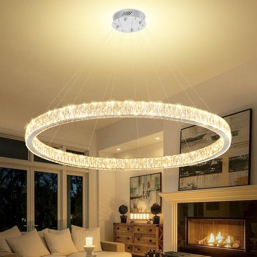 Modern LED Dimmable Crystal Chandelier 47.5" Ring Pendant Light Adjustable Round Chrome Crystal Chandelier for Dining Room Living Room