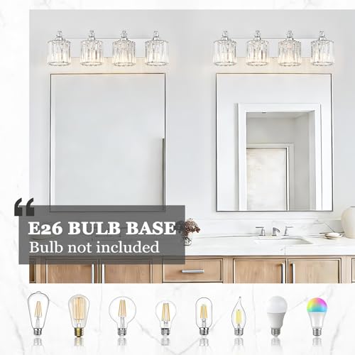 4 Light Modern Bathroom Light Fixture Chrome Vanity Lights Over Mirror Wall Sconce Lighting with K9 Crystal Shades Bathroom Wall Lamp E26 Base for Bedroom