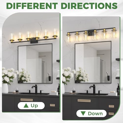 6 Light Black and Gold Bathroom Light Fixture Over Mirror