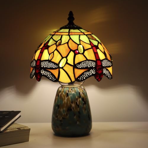 Tiffany Mushroom Table Lamp Dragonfly Style Yellow Stained Glass Accent Lamp Brown Blue Glass Base 8X8X12 Inch