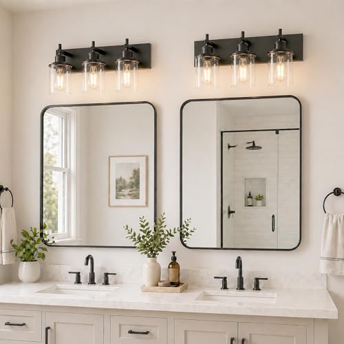 3 Light Black Bathroom Light Fixture Over Mirror Modern Farmhouse Bathroom Vanity Light Vintage Wall Lighting with Clear Glass Shade for Bathroom (3 Count)