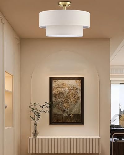 4 Light 18" Cream Fabric Gold Semi Flush Mount Close to Ceiling Light Fixture