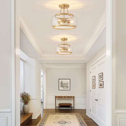 Brushed Gold Semi Flush Mount Ceiling Light Modern Glass Light Fixtures