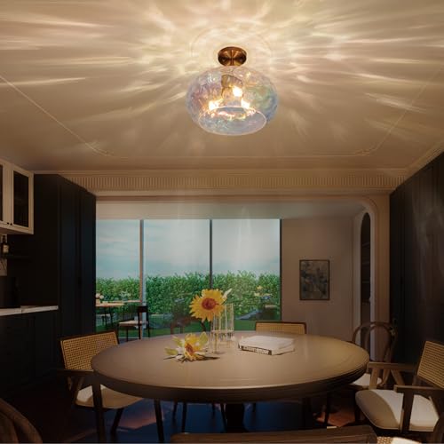 Brass Gold Semi Flush Mount Ceiling Fixture Large Hammered Glass Shade Modern Close to Ceiling Light 14" Art Lampshade for Hallway Foyer Bedroom
