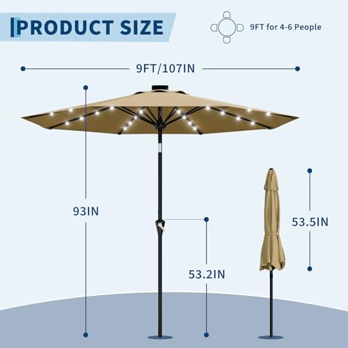 9FT Solar Patio Umbrella Outdoor Umbrella with 32 LED Lights