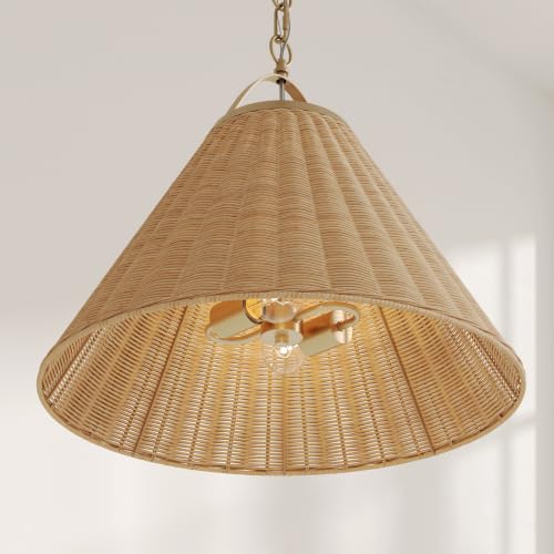 Cyprus Rattan Pendant Light with Coastal Wicker Cone Shade and Adjustable Brass Chain