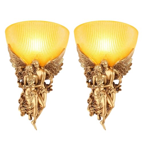 2 Pack Vintage Wall Sconce Lights Gold Unique Antique Sconces with Frosted Glass Lamp Shade Resin Angel Art Deco Style European Modern Wall Lighting for Living Room Hallway Bedroom